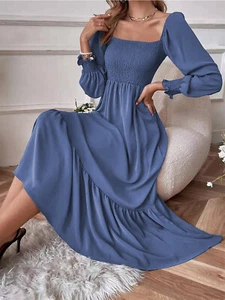 Women's Square Neck Shirred Ruffle Hem Long Sleeve Maxi Dress - Picture 1 of 68