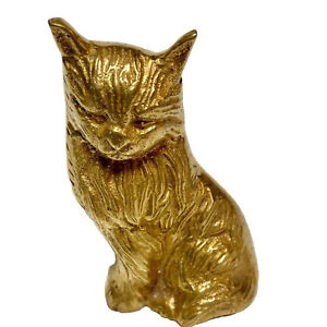 Small Brass Long Hair Posing Kitty Cat Figurine Decor