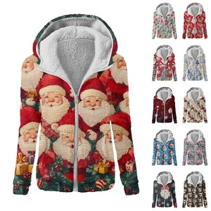 Women's Fashion Printing Sweatshirt Loose Hooded Plush Zip Up Jacket Top - Picture 1 of 48