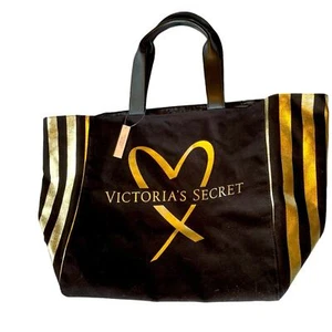 Borsa tote Victoria’s Secret in tela nera e oro con manici in ecopelle nuova con etichetta - Foto 1 di 8