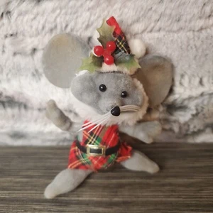 Vintage Flocked Gray Mouse In Plaid Christmas Outfit AS IS - Picture 1 of 5