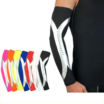 2 PCS Silver Stripe Arm Sleeves Basketball Running Sports UV Sun Protection Gear - Image 1 of 4