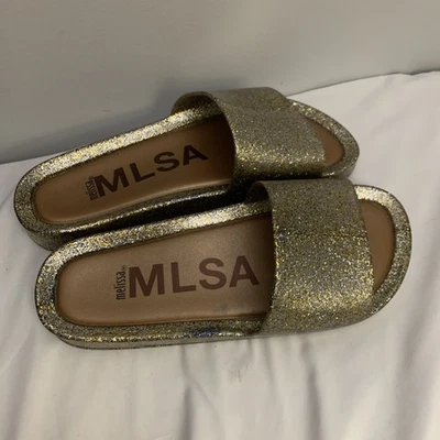 Melissa Gold Glitter Metallic Jelly Sandals Slides Flats Shoes Size 8 Sparkle - Image 1 of 4