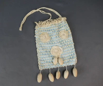 Edwardian Crochet Antique Wrist Purse with Blue Lining, Vintage 1900s Handmade - Image 1 of 4
