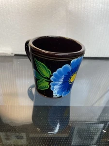 Handpainted Mexican Pottery Blue Floral Mug Gold Trim 8 oz - Picture 1 of 5