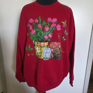 VTG Grandma Cottage Flower Butterflies Cat  90s Womens XL Sweatshirt - Picture 1 of 13