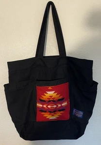 Pendleton Tote Bag Red WoolBlack Fabric Southwestern Trim Outside Pockets - Picture 1 of 7