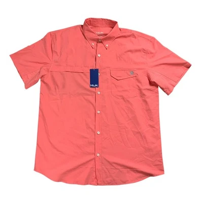 HUK Tide Point Short Sleeve Fishing Shirt Mens L Sunwashed Red (Pink) Vented - Image 1 of 4