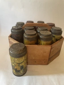 Antico barattolo latta litografato barattolo spezie set 13 lattine con scatola in legno - Foto 1 di 13