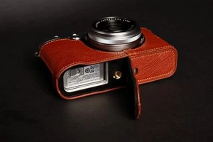 Genuine real Leather Half Camera Case bag Cover for FUJIFILM X100T Open Brown - Picture 1 of 9
