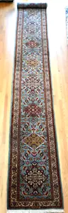 Vintage Turkish Tabriizz Signed 2'8"x 23'3" Blue Hand Knotted Wool Geometric Rug - Picture 1 of 24