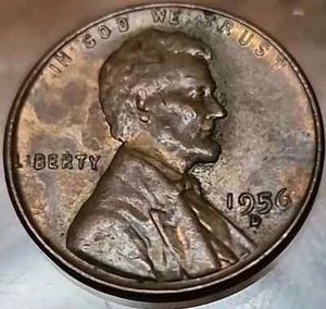 1956 D Denver Mint Lincoln Wheat Cent DDO, Off-Center Strike, DDR Toning (c217) - Picture 1 of 6
