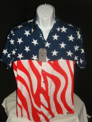 NWT FREE PLANET STARS & STRIPES US FLAG VISCOSE BUTTON FT. S/S SHIRT SZ. L - Image 1 of 4