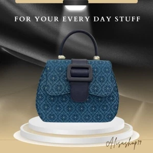 Women Tote Handbag Top Handle PU Leather, Fabric Cotton Shoulder Bag Purse Blue - Picture 1 of 7