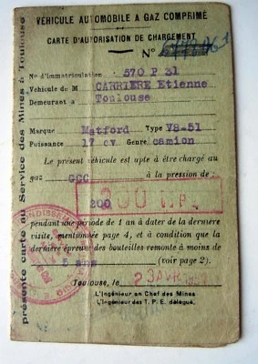 ANCIENNE CARTE D'AUTORISATION DE CHARGEMENT VEHICULE A GAZ COMPRIME MATFORD 1951 - Photo 1/3