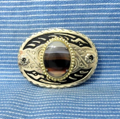 Classic Western Cowboy Dress Belt Buckle Rainbow Ribbon Agate Vtg 80s .GTA313 - Image 1 of 4
