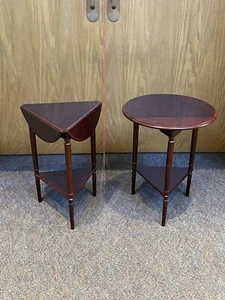 Vtg Bombay Furniture Round / Triangle Drop-Leaf Side Table W/Shelf 3 Leg Pair - Picture 1 of 14