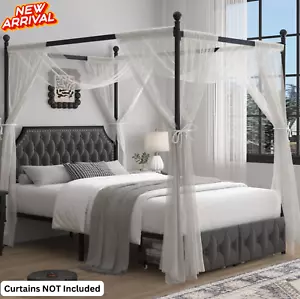 Full Size Canopy Bed Frame Dark Gray Tufted Headboard Modern Bedroom Furniture - Picture 1 of 8