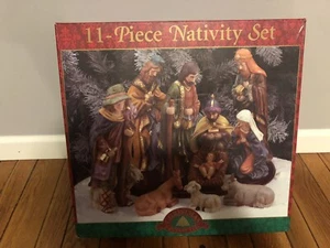 11 Piece Nativity Set  With Wood Base Christmas Fantasy LTD ~ Ceramic In Box - Picture 1 of 3