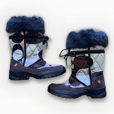 Coach Sasha Winter Boots Womens Sz 7M Brown Fur Trim Quilted Multicolor Vibram - Image 1 of 4
