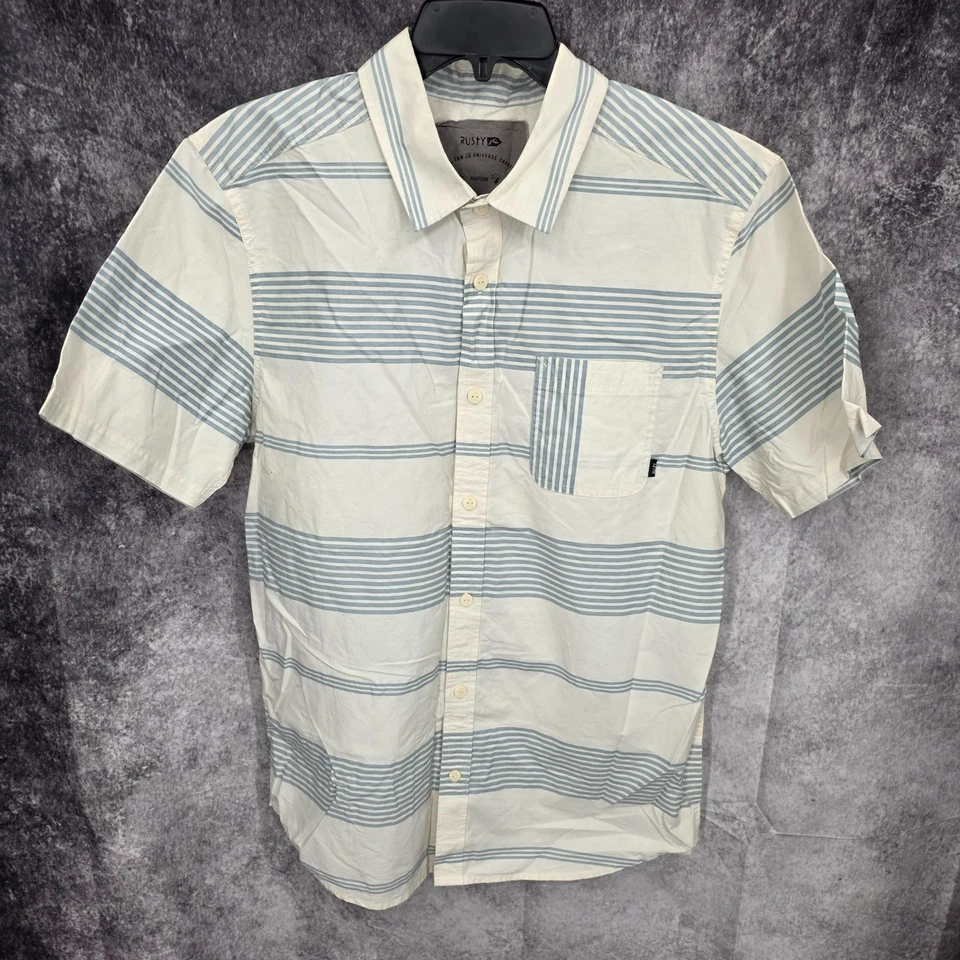 Camisa oxidada para hombre grande beige con botones a rayas informal manga corta preppy * Foto 1 de 4