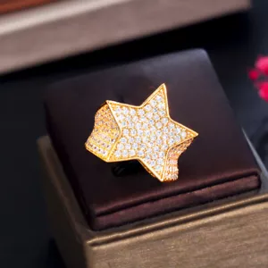 Anillo de compromiso de lujo de moda enchapado en oro amarillo circonita cúbica blanca estrella de la suerte dedo - Imagen 1 de 10
