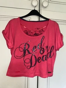Vintage 90s Y2K RED OR DEAD Designer Cropped Tshirt Top Black Sequin fit 8 10 12 - Picture 1 of 7