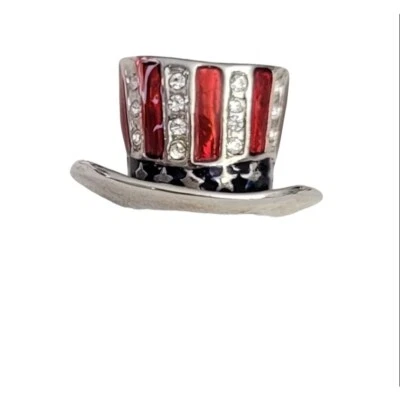 Patriotic Silvertone 红色蓝色珐琅水钻山姆大叔帽子翻领胸针 M398 — 第 1/4 张图片