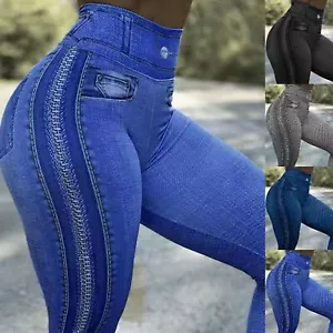 Women Stretchy Faux Denim Jeans High Waist Skinny Pencil Pants Push Up Leggings - Picture 1 of 35