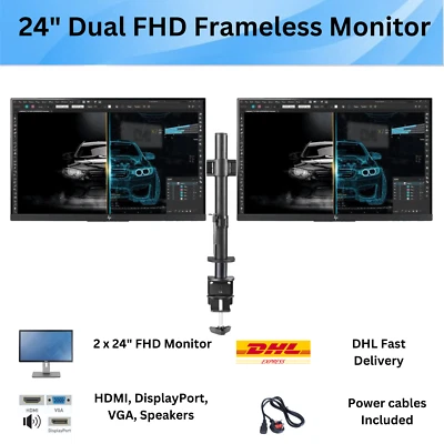 Dual HDMI Frameless Monitor Lenovo/Dell/HP 2 x 24" Gaming LED Screen-Clamp Stand - Image 1 of 4