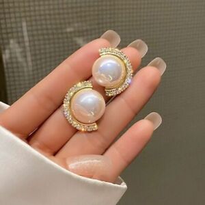 Fashion Women Stud Earrings 18k Yellow Gold Plated White Pearl Wedding Jewelry
