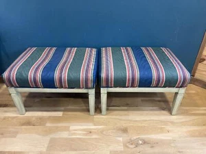 Pair of Vintage Striped Upholstered Stools Painted Wood Bases Colorful Seating  - Picture 1 of 8