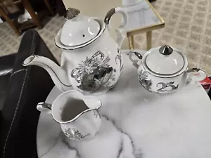 Vtg. Lefton China 25th Wedding Silver Anniversary Teapot Porcelain Sugar Creamer - Picture 1 of 5
