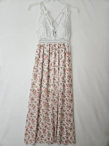 Maxi Dress Large Floral White Lace Bodice Adjustable Straps Bralette Skirt Lined - Picture 1 of 19