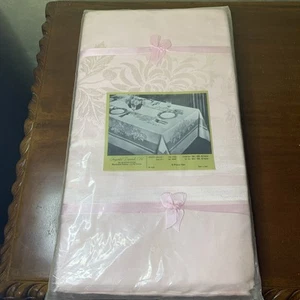 Vintage Imported Damask Tablecloth 58” X 88” 8 napkins Japan Pink Mums 9 Pieces - Picture 1 of 6