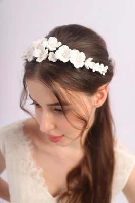 Silver Pearl Flower Wedding Hair Tiara White Floral Bride Headband Piece - Image 1 of 4