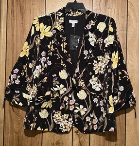 Neu ohne Etikett Susan Graver 16 Blazer schwarz Blumendruck Pfirsichleder geraffte Ärmel - Bild 1 von 5