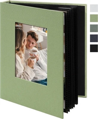 REMOWITH Small 4x6 Photo Album 24 Pockets Linen Cover with 24 Pockets, Light Green