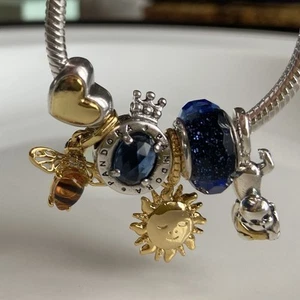 Pandora Silver Charm Bracelet with Gold Accents 19cm – Heart, Bee, Sun Crown…. - Picture 1 of 17