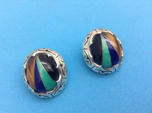 Taxco 925 Sterling Silver 4 Stone Colors Lapiz Onyx Malichite Tiger Eye Earrings - Bild 1 von 4