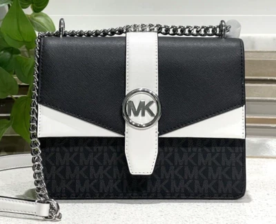 MICHAEL KORS GREENWICH SMALL FLAP CROSSBODY MK CHAIN BAG TOTE BLACK WHITE LOGO - Image 1 of 4