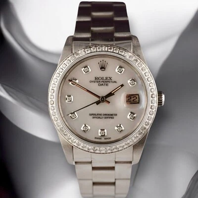 Rolex Date 34mm Ladies 1ct White Mop Diamond Dial Steel Oyster Watch 15000 - Image 1 of 4