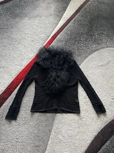 Guess Collection Black Lambs Wool Fur Collar Fishnet Cardigan L - Picture 1 of 4