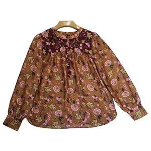 LOFT Women's Blouse Satin Brown-Copper Floral Long Sleeve Medium - Picture 1 of 9