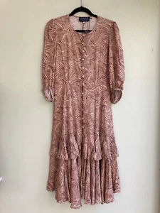 KLEID MIDI UK 14 VON SOEUR KNOPFLEISTE TIEFE RÜSCHEN WIRBELDRUCK WEINROT/TAUPE NEU - Bild 1 von 5
