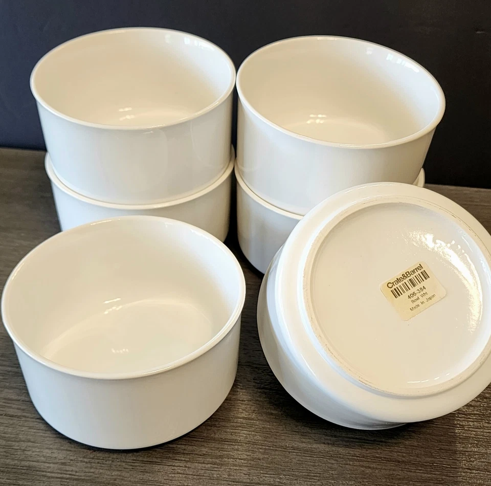 NWT Set of 6 Crate & Barrel Small White Bowls 4" Individual Ramekin Custard Rice - Image 1 of 4