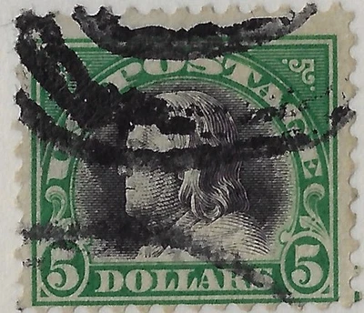 US Scott 524 used, CV$40, $5 deep green & black, perf. 11, VG-F centering(a7496a - Image 1 of 3