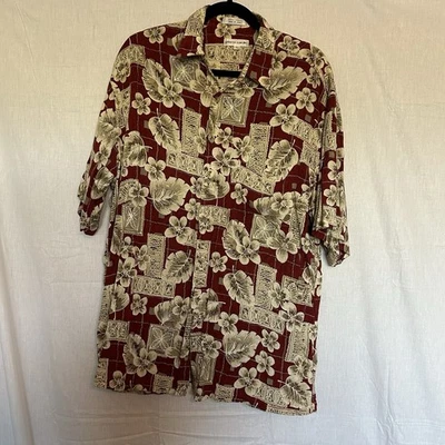 Pierre Cardin Mens Hawaiian Shirt Floral Print Button Up Burgundy Beige Large - Image 1 of 4