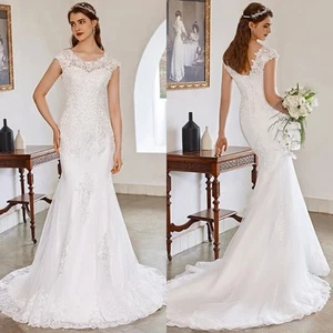 Elegant Mermaid Wedding Dresses Boat Neck Cap Sleeves Lace Applique Bridal Gowns - Picture 1 of 8