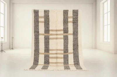 Handmade Striped Moroccan Rug: Cream Beige & Black Wool, Custom Size 12x15 - Image 1 of 4